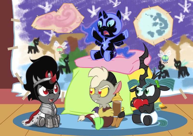 Size: 1768x1250 | Tagged: safe, artist:viraljp, derpibooru import, discord, king sombra, nightmare moon, princess luna, queen chrysalis, alicorn, changeling, changeling queen, draconequus, nymph, parasprite, pony, umbrum, unicorn, baby, baby bottle, baby discord, baby draconequus, baby pony, chocolate, chocolate milk, colt, colt sombra, cute, cutealis, diaper, discute, drink, female, filly, foal, heart, male, milk, moonabetes, nightmare woon, pillow, sitting, sombradorable, younger