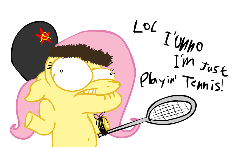 Size: 1451x900 | Tagged: artist:peanutbutter, belly button, communism, fluttershy, hat, russian, safe, shrug, tennis, tennis racket, unibrow, ushanka, wat