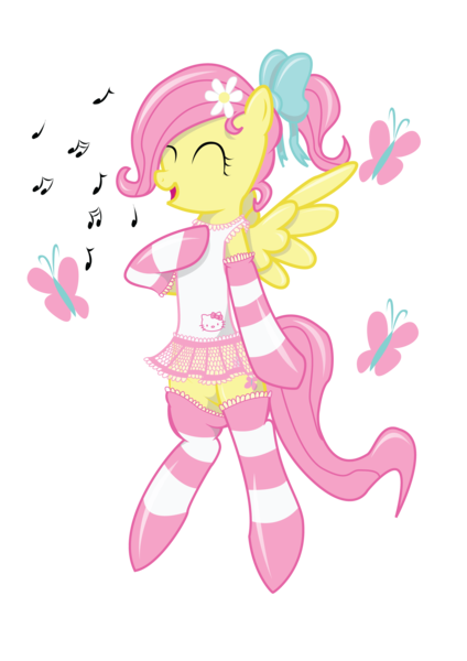 Size: 1785x2526 | Tagged: alternate hairstyle, artist:varijani, bow, butterfly, clothes, cute, derpibooru import, eyes closed, flower, flower in hair, fluttershy, hello kitty, leotard, music notes, open mouth, ponytail, safe, sanrio, simple background, singing, skirt, smiling, socks, solo, striped socks, tanktop, transparent background