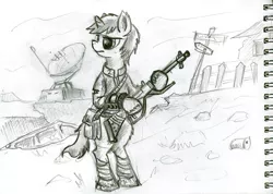 Size: 1024x731 | Tagged: safe, artist:agm, derpibooru import, oc, oc:littlepip, unofficial characters only, anthro, unicorn, fallout equestria, fanfic, bag, bipedal, black and white, clothes, colored hooves, equestrian wasteland, fanfic art, female, grayscale, gun, hooves, horn, mare, monochrome, pipbuck, solo, vault suit, wasteland, weapon