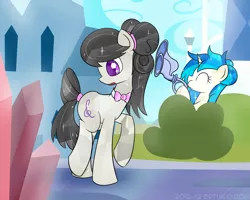 Size: 2500x2000 | Tagged: safe, artist:erthilo, derpibooru import, octavia melody, vinyl scratch, earth pony, pony, unicorn, ask octavia, alternate hairstyle, ask, crystal empire, crystallized, duo, duo female, female, flugelhorn, looking back, mare, tail wrap, tumblr