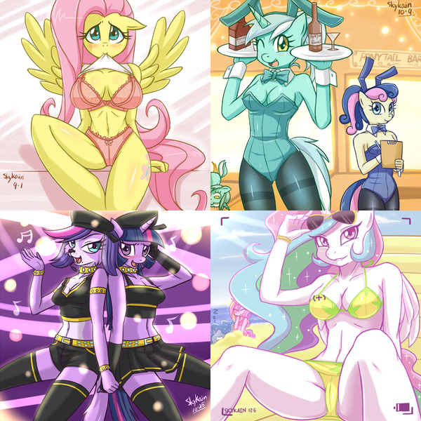 Size: 1000x1000 | Tagged: adorabon, alcohol, anthro, applejack daniel's, artist:skykain, beach, beautiful, belly button, big breasts, bikini, blushing, bon bon, bowtie, bra, breasts, bunny suit, busty fluttershy, busty lyra heartstrings, busty princess celestia, busty twilight sparkle, cleavage, clothes, crossover, cufflinks, cuffs (clothes), derpibooru import, female, flower pattern swimsuit, fluttershy, frilly underwear, glass, kagamine len, kagamine rin, leotard, lingerie, littlest pet shop, looking at you, lyrabetes, lyra heartstrings, lyra plushie, midriff, mouth hold, one eye closed, panties, pantyhose, pink underwear, playboy bunny, princess cadance, princess celestia, princess luna, sexy, shirt, shirt lift, solo, solo female, spread wings, suggestive, sweetie drops, swimsuit, tray, twilight barkle, twilight sparkle, underwear, unguligrade anthro, vocaloid, wine bottle, wine glass, wings, wink, yellow swimsuit, zoe trent