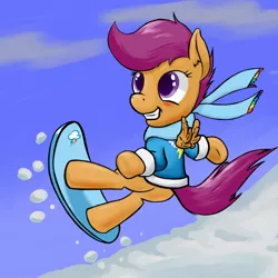 Size: 2000x2000 | Tagged: artist:osakaoji, clothes, derpibooru import, jacket, safe, scarf, scootaloo, snowboard, snowboarding, solo