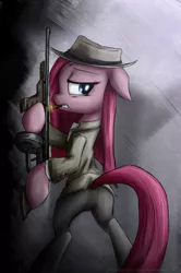 Size: 900x1353 | Tagged: safe, artist:rule1of1coldfire, derpibooru import, pinkie pie, pony, bipedal, gangster, gun, pinkamena diane pie, smoking, solo, submachinegun, tommy gun