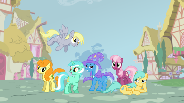 Size: 600x337 | Tagged: safe, artist:tharag, derpibooru import, carrot top, cheerilee, derpy hooves, golden harvest, sunshower raindrops, trixie, pegasus, pony, female, luna six, lunaverse, mare