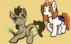 Size: 640x400 | Tagged: safe, artist:boredtabletfilly, artist:ponywoona, derpibooru import, doctor whooves, time turner, ponified, earth pony, pony, amy pond, doctor who, duo, female, freckles, image, male, mare, orange background, png, pond, raised hoof, simple background, sonic screwdriver, stallion