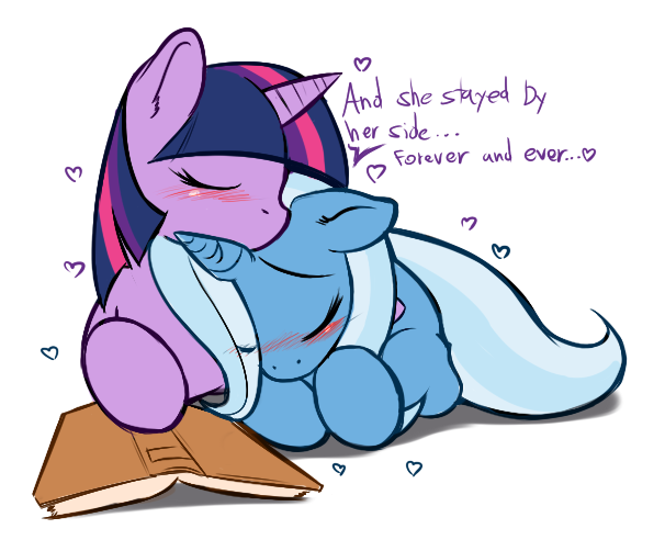 Size: 606x492 | Tagged: safe, artist:0r0ch1, derpibooru import, trixie, twilight sparkle, pony, unicorn, blushing, book, cuddling, cute, daaaaaaaaaaaw, diabetes, dialogue, diatrixes, eyes closed, female, floating heart, floppy ears, heart, hnnng, horn, lesbian, mare, prone, shipping, simple background, twiabetes, twixie, white background
