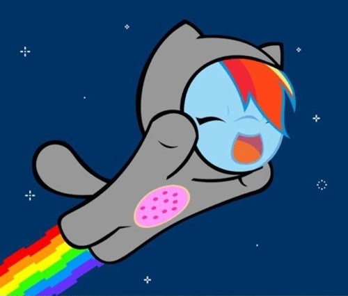 Size: 500x426 | Tagged: safe, artist:sociox, derpibooru import, rainbow dash, catsuit, clothes, costume, crossover, cute, dashabetes, eyes closed, flying, meme, nyan cat, nyan dash, open mouth, smiling, solo