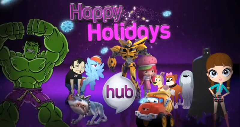 Size: 1364x721 | Tagged: batman, batman the animated series, blythe baxter, bumblebee, chuck, chuck and friends, dan, dan vs, derpibooru import, dog, dump truck, happy holidays, hubble, hub logo, littlest pet shop, lucky smarts, niblet, pound puppies, rainbow dash, robot, safe, strawberry shortcake, strawberry shortcake (character), sugar cookie (pound puppies), super hero squad, the hub, the incredible hulk, transformers, transformers prime