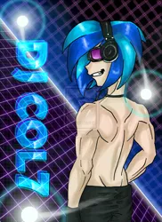 Size: 900x1236 | Tagged: artist:icedroplet, clothes, derpibooru import, dj col-7, humanized, record scrape, rule 63, safe, solo, topless, vinyl scratch
