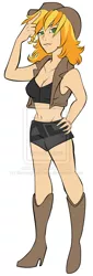 Size: 400x1178 | Tagged: artist:icedroplet, bailey sweet, braeburn, breasts, busty bailey sweet, clothes, dead source, derpibooru import, deviantart watermark, female, human, humanized, midriff, obtrusive watermark, rule 63, shorts, simple background, solo, suggestive, tanktop, watermark, white background