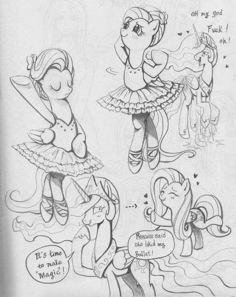 Size: 1274x1600 | Tagged: safe, artist:10307, derpibooru import, fluttershy, princess celestia, pony, princess molestia, ballet, bipedal, clothes, costume, dancing, flutterina, monochrome, pixiv, tutu, vulgar