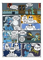 Size: 682x951 | Tagged: artist:chaos-flare44, bibendum, comic, derpibooru import, juice box, lyra heartstrings, michelin man, safe, sitting lyra, snails, snips, trixie, wheel