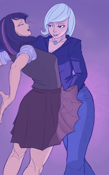 Size: 1198x1928 | Tagged: artist:jakneurotic, breasts, cleavage, clothes, derpibooru import, eyes closed, female, human, humanized, implied fingering, jewelry, lesbian, molestation, necklace, pants, personal space invasion, questionable, shipping, shirt, skirt, trixie, twilight sparkle, twixie, vest, wand