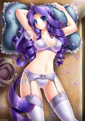 Size: 719x1017 | Tagged: anime, arm behind head, armpits, artist:emperpep, belly button, bra, breasts, clothes, derpibooru import, female, horned humanization, human, humanized, lingerie, on back, panties, rarity, solo, solo female, stockings, suggestive, tailed humanization, thigh highs, underass, underwear