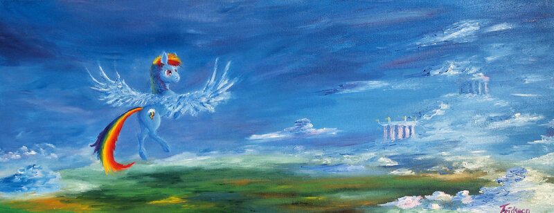 Size: 1280x492 | Tagged: artist:tridgeon, cloudsdale, derpibooru import, flying, oil painting, painting, rainbow dash, safe, solo, traditional art