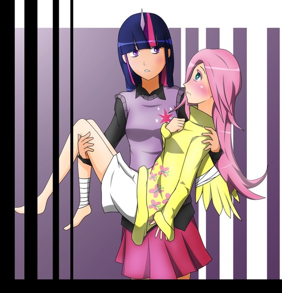 Size: 800x830 | Tagged: artist:hannia-san, blushing, clothes, derpibooru import, female, fluttershy, horned humanization, humanized, injured, lesbian, safe, shipping, skinny, skirt, sweater, sweatershy, twilight sparkle, twishy, winged humanization