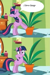 Size: 475x710 | Tagged: safe, derpibooru import, edit, edited screencap, screencap, twilight sparkle, pony, unicorn, green isn't your color, anchorman, bipedal, covering mouth, dirt, exploitable meme, eyes closed, faic, female, frown, hoof over mouth, hub logo, hubble, i love lamp, looking at you, mare, meme, open mouth, ponyville secrets, pot, potted plant, secret pot meme, solo, speech bubble, text, the hub, unicorn twilight, wide eyes, yelling