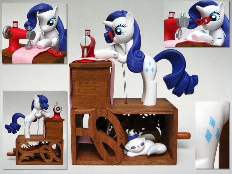 Size: 2816x2112 | Tagged: artist:renegadecow, automaton, custom, derpibooru import, glasses, irl, opalescence, photo, rarity, safe, sculpture, sewing, sewing machine, solo, wood, woodwork