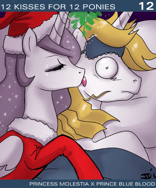 Size: 650x786 | Tagged: artist:johnjoseco, ask princess molestia, aunt, aunt and nephew, blanket, blueabuse, bluelestia, christmas, derpibooru import, female, incest, kissing, male, mistletoe, nephew, prince blueblood, princess molestia, shipping, sleep mask, straight, suggestive