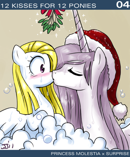 Size: 650x786 | Tagged: artist:johnjoseco, ask princess molestia, bath, blushing, christmas, derpibooru import, female, g1, g1 to g4, generation leap, kissing, lesbian, mistletoe, princess celestia, princess molestia, safe, shipping, supriselestia, surprise, wet mane