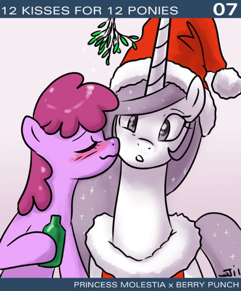 Size: 650x786 | Tagged: artist:johnjoseco, ask princess molestia, berrestia, berrylestia, berry punch, berryshine, blushing, christmas, derpibooru import, drunk, female, kissing, lesbian, mistletoe, princess celestia, princess molestia, safe, shipping