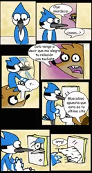 Size: 546x1024 | Tagged: artist:nicte-ha, barely pony related, crossover shipping, derpibooru import, mordecai, mordecai and rigby, mordetwi, regular show, rigby, safe, spanish