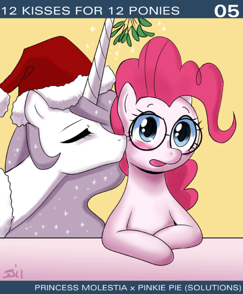 Size: 650x786 | Tagged: artist:johnjoseco, ask princess molestia, blushing, christmas, derpibooru import, female, glasses, kissing, mistletoe, pinkie pie, pinkie pie solutions, princess celestia, princess molestia, safe