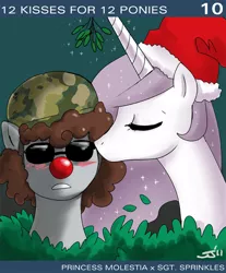 Size: 650x786 | Tagged: artist:johnjoseco, ask princess molestia, blushing, christmas, derpibooru import, kissing, mistletoe, oc, princess molestia, red nose, safe, sarge sprinkles, unofficial characters only