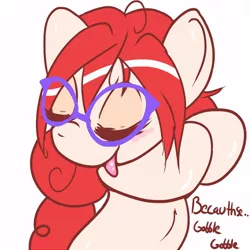 Size: 600x600 | Tagged: safe, artist:mooshilee, derpibooru import, twist, pony, ask sexy twist, :p, bipedal, blushing, cute, eyes closed, glasses, gobble, simple background, smiling, solo, tongue out, white background