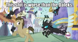 Size: 960x520 | Tagged: a canterlot wedding, caption, changeling, doctor who, doctor whooves, edit, edited screencap, hub logo, image macro, safe, screencap, time turner, vulgar