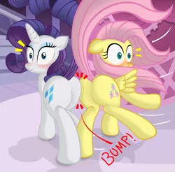 Size: 1221x1200 | Tagged: suggestive, artist:ziemniax, derpibooru import, fluttershy, rarity, pegasus, pony, unicorn, blushing, butt bump, butt to butt, butt touch, female, flarity, flutterbutt, lesbian, mare, plot, plot pair, rearity, shipping