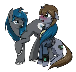 Size: 1047x1000 | Tagged: safe, artist:inlucidreverie, derpibooru import, oc, oc:homage, oc:littlepip, unofficial characters only, pony, unicorn, fallout equestria, fanfic, blushing, clothes, colored hooves, cutie mark, fanfic art, flirting, floppy ears, gay, hooves, horn, male, oc x oc, open mouth, pipbuck, rule 63, shipping, simple background, smiling, tail seduce, teeth, transparent background, vault suit