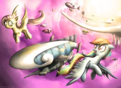 Size: 1920x1400 | Tagged: safe, artist:fongsaunder, derpibooru import, fluttershy, rainbow dash, pegasus, pony, airship, flying