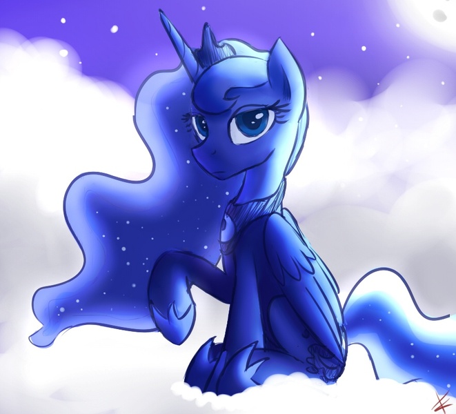 Size: 881x800 | Tagged: artist:crade, cloud, cloudy, derpibooru import, princess luna, raised hoof, safe, sitting, solo