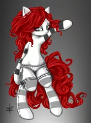 Size: 667x900 | Tagged: source needed, suggestive, artist:tt-n, derpibooru import, oc, oc:cherry blood, unofficial characters only, pony, semi-anthro, bipedal, clothes, female, frilly underwear, mare, panties, polka dot underwear, socks, solo, solo female, striped socks, thigh highs, underwear, white underwear