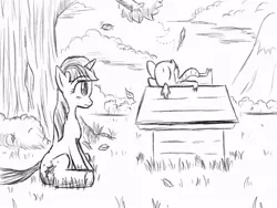 Size: 800x600 | Tagged: artist:vahnara, crossover, derpibooru import, doghouse, leaf, monochrome, peanuts, reference, relaxing, safe, snoopy, spike, tree, twilight sparkle