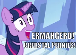 Size: 990x720 | Tagged: caption, crystal empire, derpibooru import, edit, edited screencap, ermahgerd, image macro, meme, safe, screencap, solo, stairs, the crystal empire, twilight sparkle