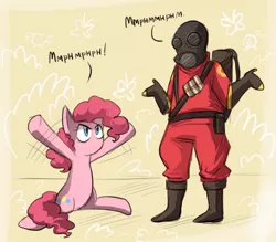 Size: 570x500 | Tagged: artist:keterok, derpibooru import, dialogue, no mouth, no nose, pinkie pie, pinkie pyro, pyro, pyropinkie, safe, team fortress 2