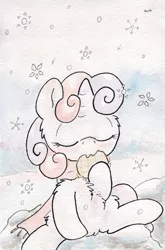 Size: 731x1105 | Tagged: artist:slightlyshade, clothes, cute, derpibooru import, eyes closed, fluffy, safe, scarf, snow, snowfall, snowflake, solo, sweetie belle, traditional art, waffle, winter