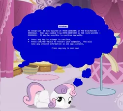 Size: 640x573 | Tagged: safe, derpibooru import, sweetie belle, pony, robot, unicorn, blue screen of death, derp, female, filly, floppy ears, foal, hooves, horn, lying down, microsoft, solo, sweetie bot, text, windows