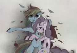 Size: 900x626 | Tagged: artist:potheadsam, blood, death, derpibooru import, feather, grimdark, hug, pinkie pie, rainbow dash