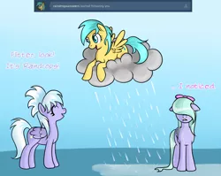 Size: 850x675 | Tagged: safe, artist:marikaefer, derpibooru import, cloudchaser, flitter, sunshower raindrops, pony, ask flitter and cloudchaser, ask, rain, tumblr