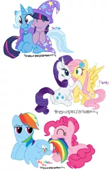 Size: 912x1412 | Tagged: safe, artist:thepurplecranberry, derpibooru import, fluttershy, pinkie pie, rainbow dash, rarity, trixie, twilight sparkle, blushing, female, flarity, lesbian, licking, pinkiedash, shipping, tail bite, twixie