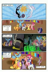 Size: 3280x4952 | Tagged: applejack, artist:leon-z, comic, derpibooru import, discord, fluttershy, oc, pinkie pie, princess celestia, princess luna, queen chrysalis, rainbow dash, rarity, safe, twilight sparkle