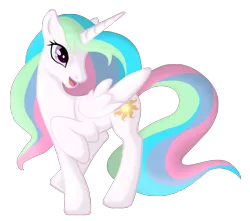 Size: 1615x1428 | Tagged: safe, artist:nalesia, derpibooru import, princess celestia, pony, cute, cutelestia, female, mare, missing accessory, open mouth, pretty princess, raised hoof, raised leg, simple background, smiling, solo, transparent background, vector