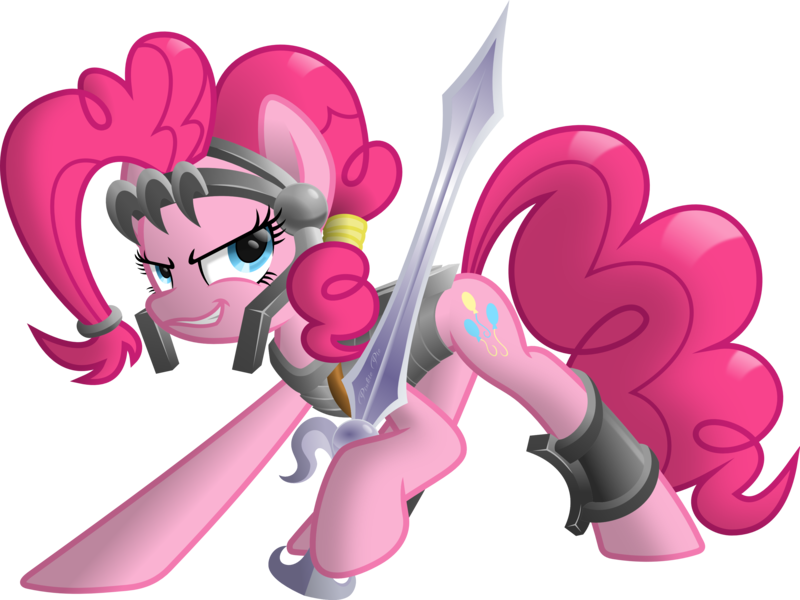 Size: 3153x2364 | Tagged: armor, artist:ratchethun, derpibooru import, pinkie pie, safe, simple background, solo, sword, transparent background, vector