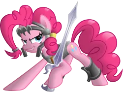 Size: 3153x2364 | Tagged: armor, artist:ratchethun, derpibooru import, pinkie pie, safe, simple background, solo, sword, transparent background, vector