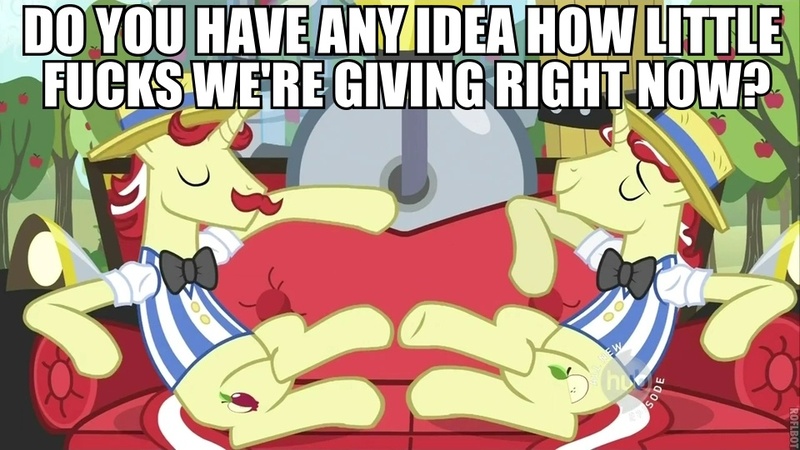 Size: 960x540 | Tagged: caption, couch, derpibooru import, edit, edited screencap, flam, flim, flim flam brothers, image macro, no fucks, safe, screencap, the super speedy cider squeezy 6000, vulgar