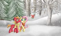 Size: 1500x900 | Tagged: safe, artist:angelstar7, derpibooru import, big macintosh, fluttershy, earth pony, pony, blank flank, clothes, fluttermac, male, mistletoe, scarf, shipping, snow, snowfall, stallion, straight